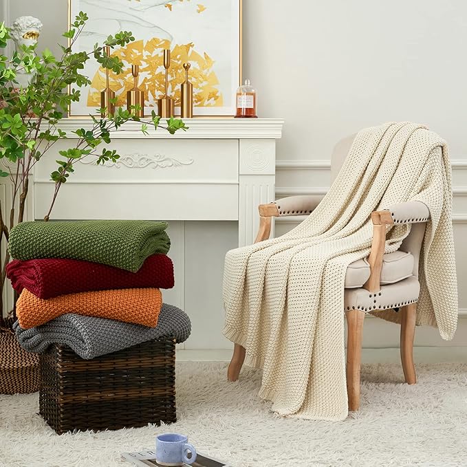 Chunky Cable Knit Throw Blanket Lightweight Cream 100% Organic Cotton Blanket for Sofa Couch Bed Baby Nursery, Rustic Shabby 