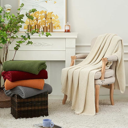 Chunky Cable Knit Throw Blanket Lightweight Cream 100% Organic Cotton Blanket for Sofa Couch Bed Baby Nursery, Rustic Shabby 