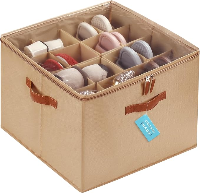 OrganiHaus Large Shoe Storage Bin for Closet, Shoe Organizer Box Fits up to 16 Pairs, Collapsible Fabric Shoe Basket w/Clear 
