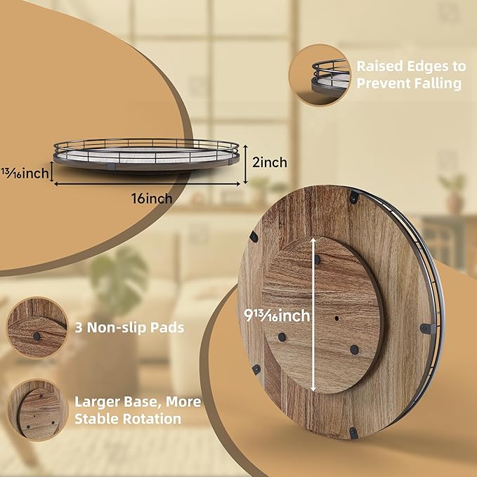 Acacia Wood 16" Lazy Susan Turntable Organizer for Table Top, Farmhouse Large Round Lazy Susan for Cabinet Kitchen Centerpiec