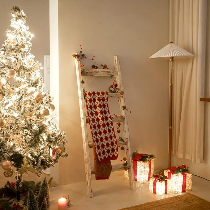 FUIN 5ft (58") Wood Blanket Ladder Living Room Decorative Wall Leaning Farmhouse Quilt Display Holder Wooden Towel Rack for B