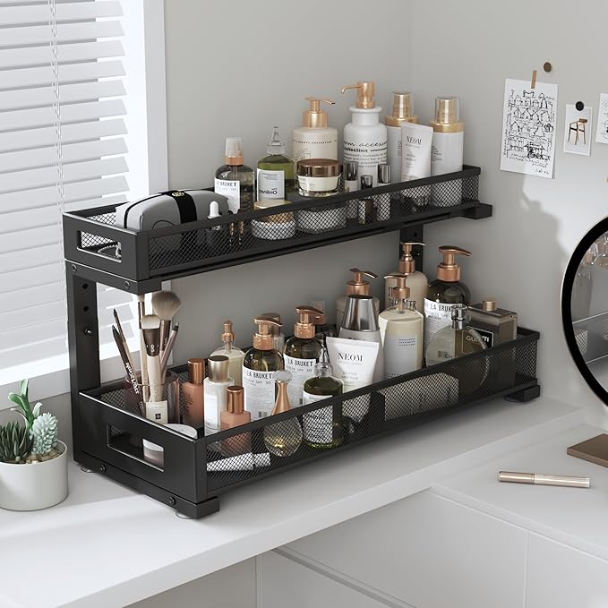 1 Pack 19IN Depth Under Sink Storage Organizer, Large 2-Tier Elegant Mesh Pull Out Shelf for Kitchen and Bathroom Cabinet Org