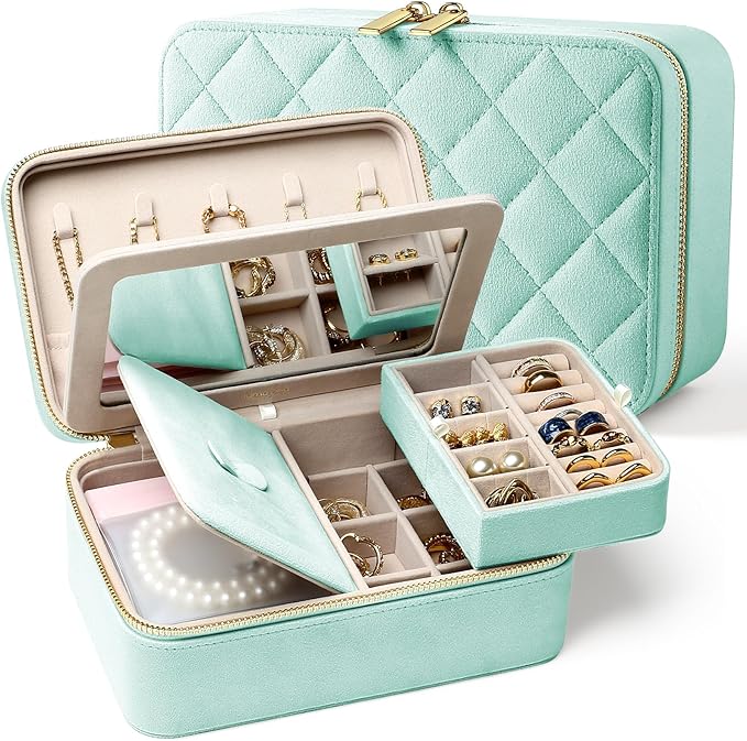 Velvet Travel Jewelry Box with Large Mirror, Double-Layer Jewelry Organizer Case for Women and Girls, Portable Storage Case w