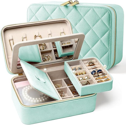 Velvet Travel Jewelry Box with Large Mirror, Double-Layer Jewelry Organizer Case for Women and Girls, Portable Storage Case w