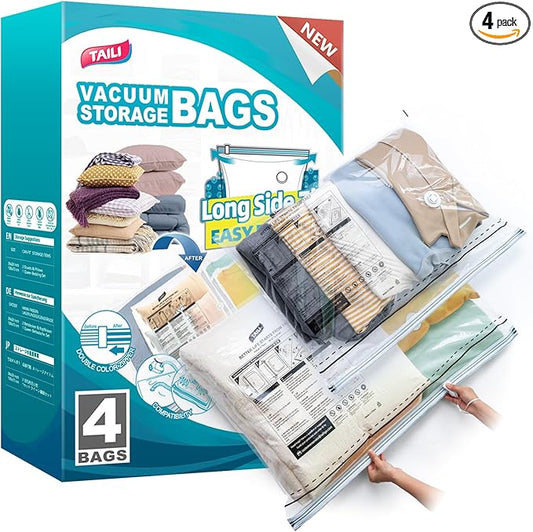 TAILI Vacuum Storage Bags 4 Pack, LONG SIDE ZIP (2 Large+2 Jumbo), Multi-Size Vacuum Seal Bags for Clothing, Storage Bulky Be
