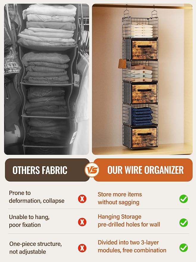 Closet Hanging Organizer with Drawers, 6 Tier Metal Closet Organizers and Storage with 4 Hanging Hooks 4 S-Hooks for Wardrobe