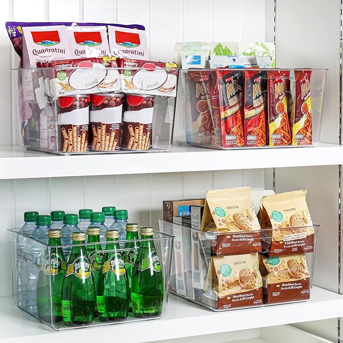 Vtopmart 4 Pack Extra Large Clear Plastic Storage Bins,11x11 Cube Acrylic Organizer Square Containers with Handle for Pantry,