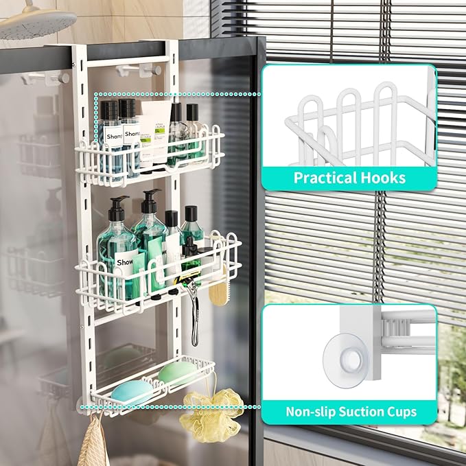 HapiRm 3 Tier Over the Door Shower Caddy, Hanging Shower Caddy with 16 Hooks and 2 Soap Holders, No Drilling Adjustable Hangi