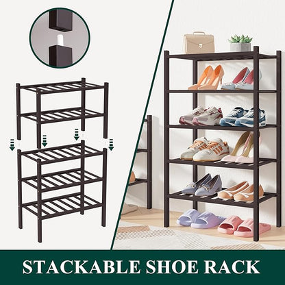 Smiry Bamboo Shoe Rack for Closet, 6 Tier Small Wooden Stackable Shoe Organizer, Free Standing Shoes Storage Shelf for Entryw