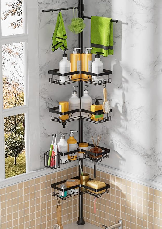 Tension Rod Shower Caddy Corner - Tension Pole Shower Caddy with 2 Towel Bars & Toothbrush Holder, Black Bathtub Organizers a