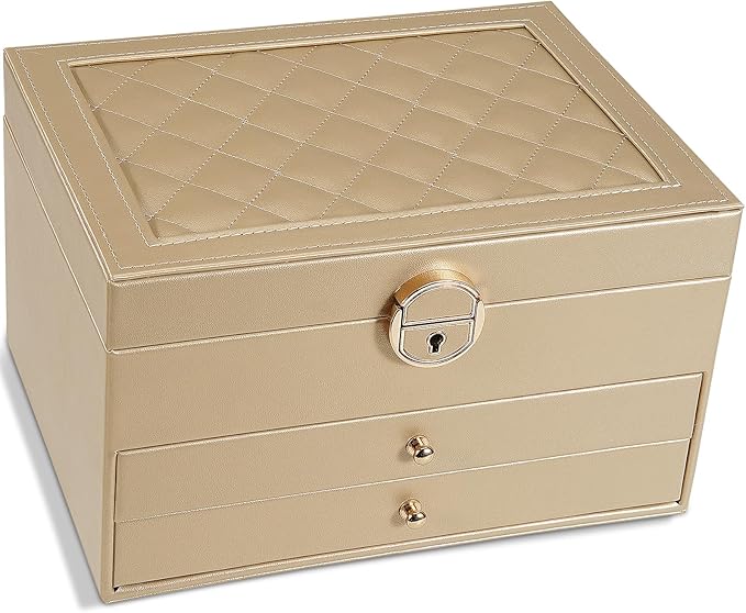 GUOER Jewelry Box for Women Girl Wife 3 Layers Large PU Leather Jewelry Organizer Storage Case with Two drawers Display for E