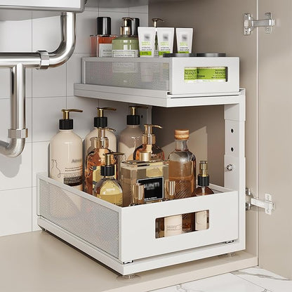 1 Pack Under Sink Organizer with Next-Gen Ball-Bearing Slides,2-Tier Pull Out Cabinet Storage,Height Adjustable Drawer Shelf 