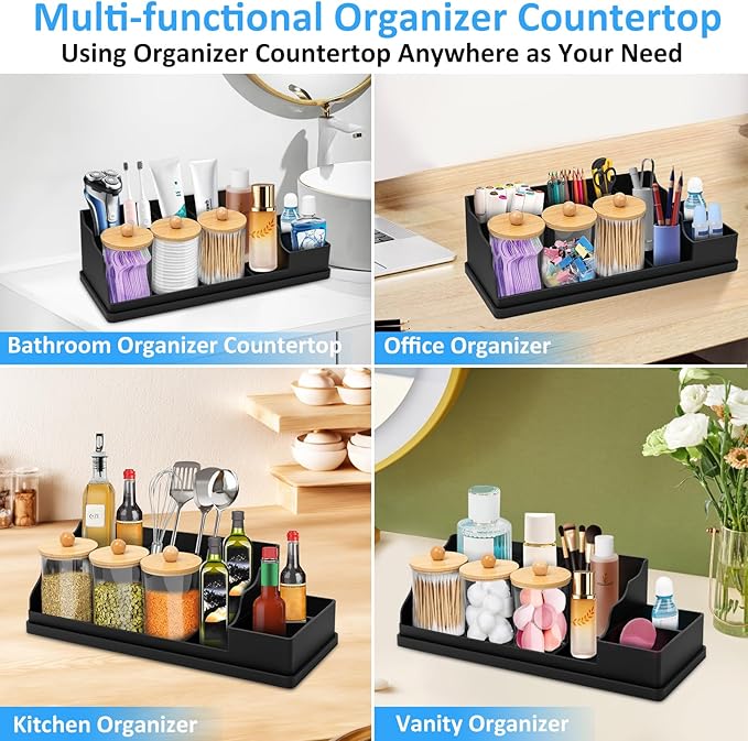 Bathroom Counter Organizer, Black Silicone Toothbrush Holders for Bathrooms Organizer Countertop with 3PCS Qtip Holder, Tooth