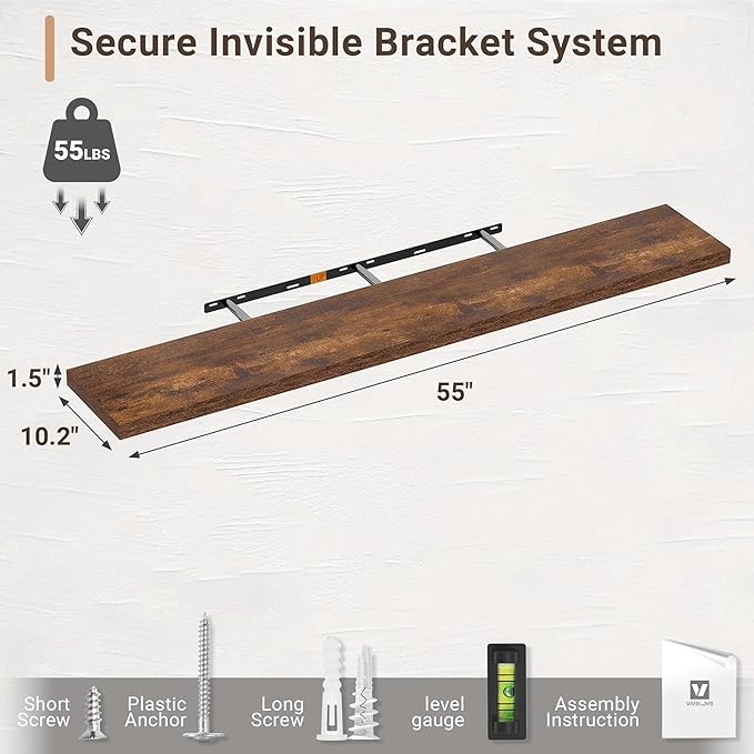 Vivelove 10 Inch Deep Floating Shelves 55 inch Long, 55 x 10 Wide Wall Shelves with Invisible Brackets, for Bedroom Bathroom 