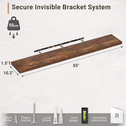 Vivelove 10 Inch Deep Floating Shelves 55 inch Long, 55 x 10 Wide Wall Shelves with Invisible Brackets, for Bedroom Bathroom 