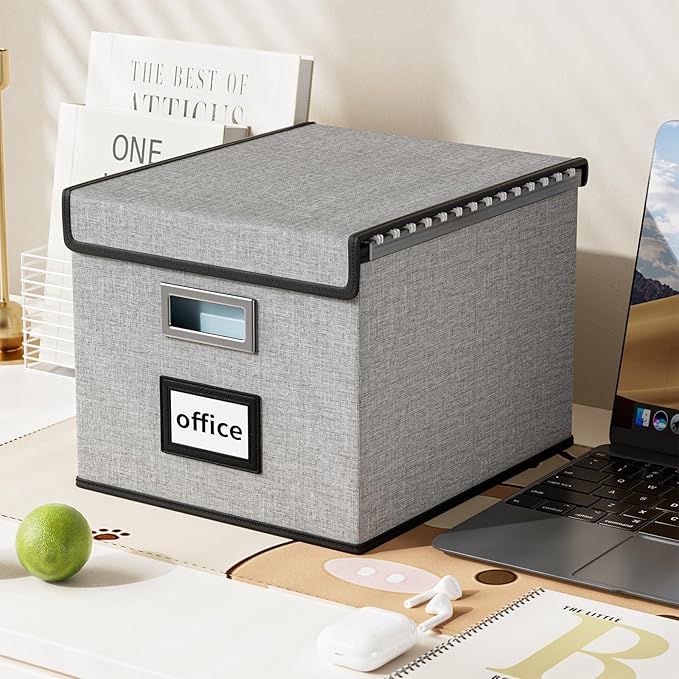Huolewa Portable File Organizer Boxes Set of 4, Large Linen Hanging Office Document Storage Boxes with Lids, Collapsible Fili