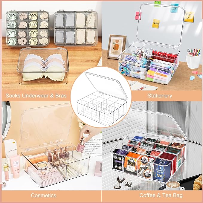2pcs Sock Underwear Organizer, Sunoyar 16 Compartment Adjustable Dividers Tie Bras Socks Underwear Drawer Organizers for Clos