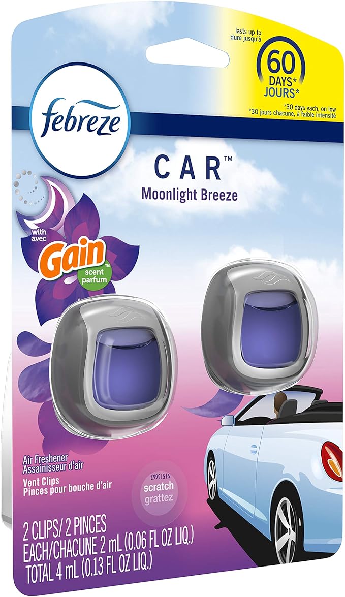Febreze Car Odor-Eliminating Air Freshener Vent Clip with Gain Scent, Moonlight Breeze, 2 count