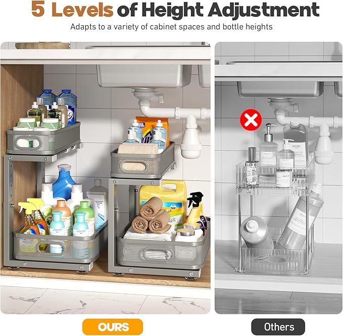 2 Pack 21.3IN-Depth Under Sink Organizer with Smooth Cylindrical Rail,2-Tier Pull Out Multi-Purpose Cabinet Storage for Bathr
