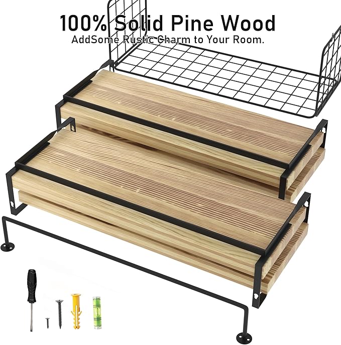 Wood Floating Shelves Wall Mounted - 4+1 Tier Rustic Bathroom Wall Shelves Over Toilet with Wire Storage Basket and Towel Bar