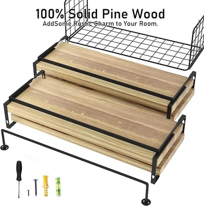 Wood Floating Shelves Wall Mounted - 4+1 Tier Rustic Bathroom Wall Shelves Over Toilet with Wire Storage Basket and Towel Bar