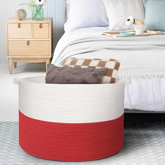 MEGASKET Large Red Baskets for Storage, 22x14 Wicker Woven Storage Basket, Blanket Organizer, Kids Toy Bin Box, Bathroom Beac