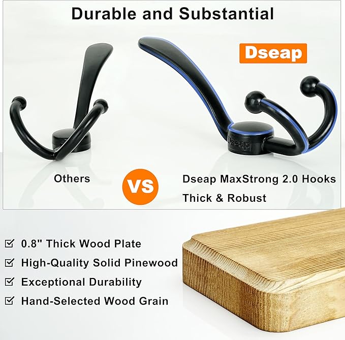 Dseap Coat Rack Wall Mounted - 5 Tri Hooks, Heavy Duty, Wooden Wall Coat Hanger Coat Hook for Clothes Hat Jacket Clothing, Wh