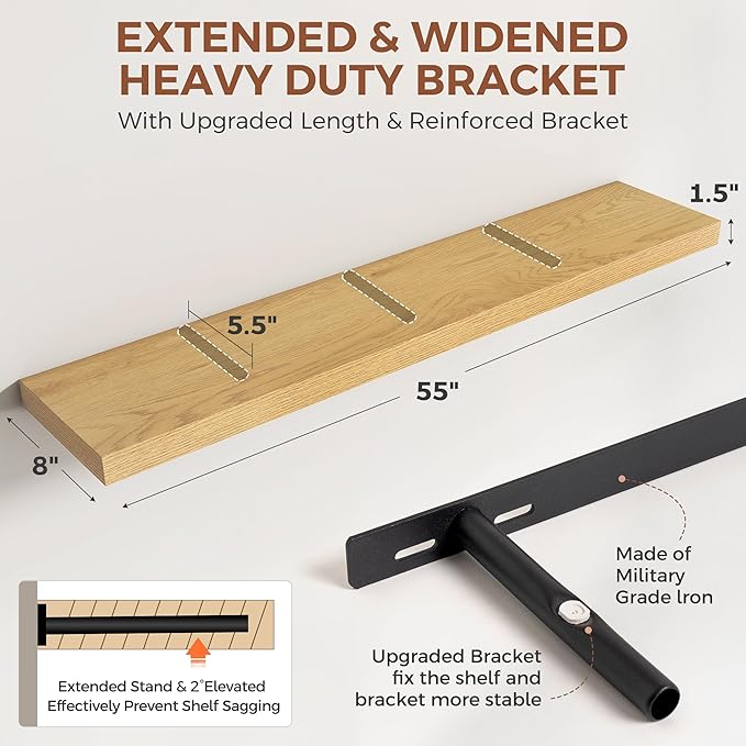 Dreamland 55 Inch Floating Shelves for Wall,8 Inch Deep Floating Shelves,55" W x 8" D Wall Shelves for Bedroom,Living Room, K