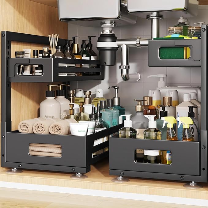 2 Pack 17IN-Depth Under Sink Organizer,Pull Out Cabinet Organizer With Smooth Cylindrical Rail,Metal Slide Out Drawer for Kit