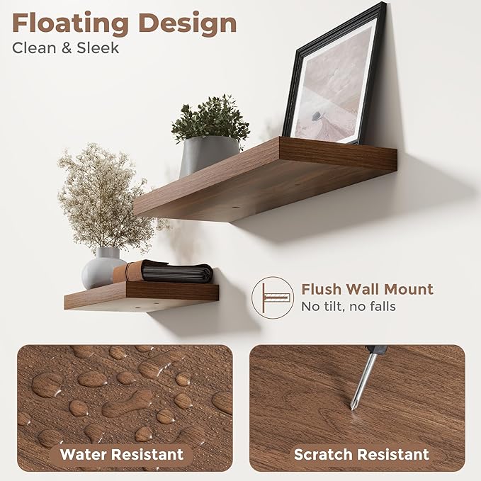 32 Inch Floating Shelves for Wall Set of 2, 8"D Wood Grain Bathroom Shelves with Invisible Brackets, Easy Install Engineered 
