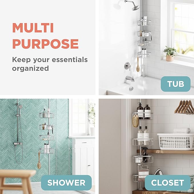 Zenna Home Tension Pole Shower Caddy Corner Organizer, Adjustable Standing Shower Caddy with 4 Shelves, Rustproof Bathroom Te