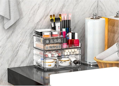 Cq acrylic Clear Make up Organizers for Vanity,Skincare Organizer With 5 Drawers for Dresser,Plastic Cute Desk Accessories Or