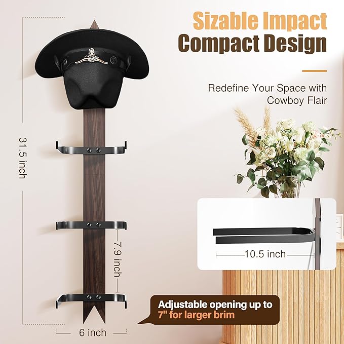 Cinati Cowboy Hat Rack Wall Mount - Wooden Western Rustic Metal Hanger With Arrow Sign Board - Holds up to 4 Hats, Fedora, Su