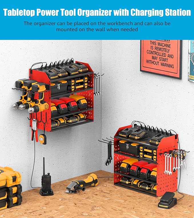 CCCEI Modular Desk Power Tools Organizer with Charging Station, 4 Layer Drills Battery Storage Wall Mount, Garage Shop Organi