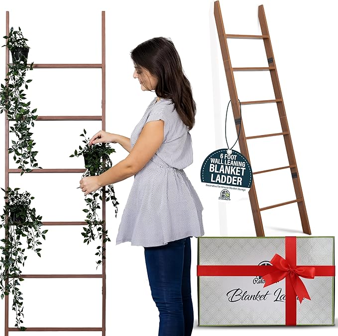 Blanket Ladder for Living Room and Bedroom, 5ft 8 inch, 6-Tier Wall Leaning Laminate No-Snag Construction (Brown) Rustic Deco