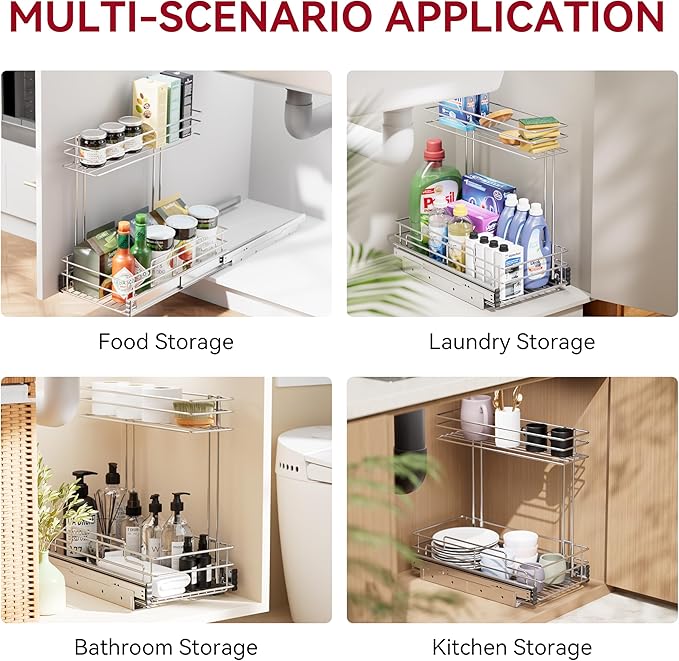 Under Sink Organizer 9" W X17 D, Pull Out Cabinet Organizer 2 Tier, Under Sink Slide Out Chrome Plated, Under Kitchen Bathroo