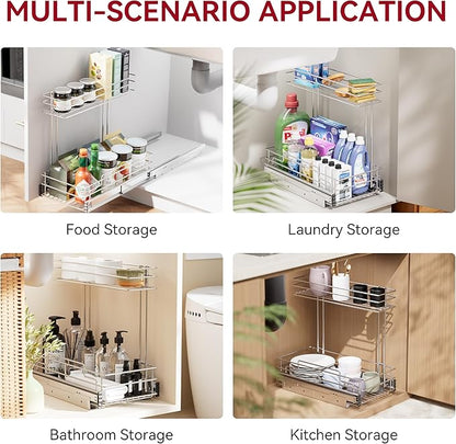 Under Sink Organizer 9" W X17 D, Pull Out Cabinet Organizer 2 Tier, Under Sink Slide Out Chrome Plated, Under Kitchen Bathroo