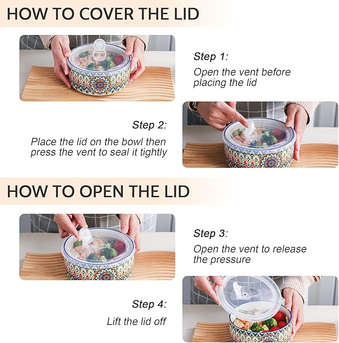 Henten Home Ceramic Serving Bowls with Lid, Colorful Nesting Bowl Set of 3, Porcelain Boho Bowls for Prep, Food Storage, Meals, Micreowave & Dishwasher Safe, 10/20/32 oz