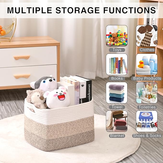 ICERZCZ Storage Baskets for Organizing Shelves, Woven Cotton Rope Bins for Baby Nursery Organization, Book Toy Towel Organize