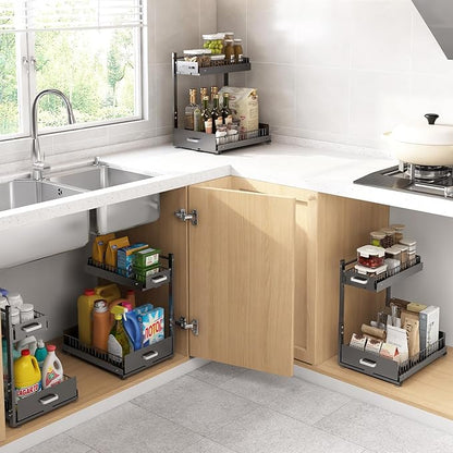Under Sink Organizer,2 Tier Slide Out Kitchen Cabinet Organizers with Pulley,Under Bathroom Sink Pull Out Organizer with Mult