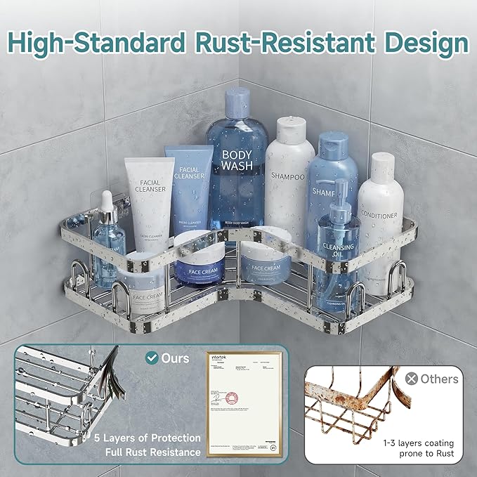 Veken Corner Shower Caddy 5-Pack, Advanced Rustproof Design, No Drilling Adhesive Shelves, Rack with Soap Holder, Large Capac