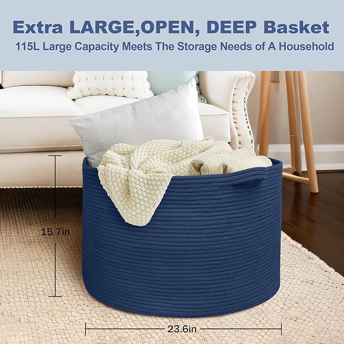 MEGASKET 115L Dark Blue Basket for Organizing, 23.6" x 15.7" XXXL Woven Cotton Rope Laundry Basket, Oversized Blanket Storage