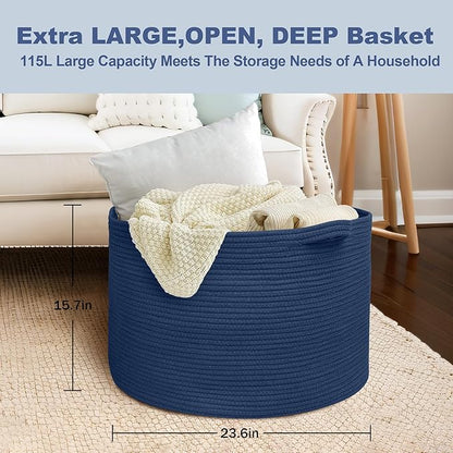 MEGASKET 115L Dark Blue Basket for Organizing, 23.6" x 15.7" XXXL Woven Cotton Rope Laundry Basket, Oversized Blanket Storage