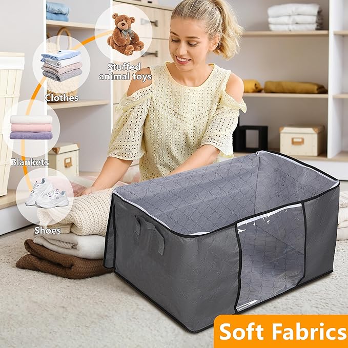 10 Pack Clothes Storage Bags, 90L Large Blanket Storage Bag Comforter Storage Bin with Reinforced Handle and Lid Foldable Clo
