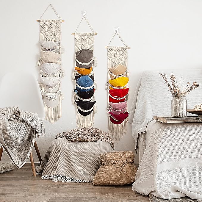 jontell Boho Baseball Cap Hanger-1 Pack-Macrame Hat Organizer for Ball Caps Holder Over Door, Hat Rack for Wall, Cap Rack for