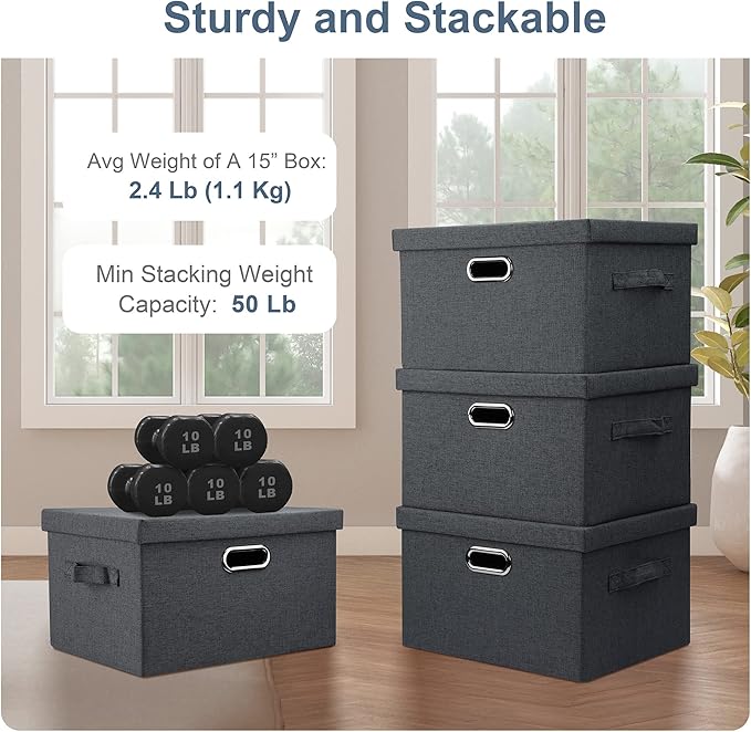 Graciadeco Medium 15" 21 Quart Collapsible Stackable Storage Bins with Lids, 3 Packs Dark Grey Foldable Fabric Closet Boxes H