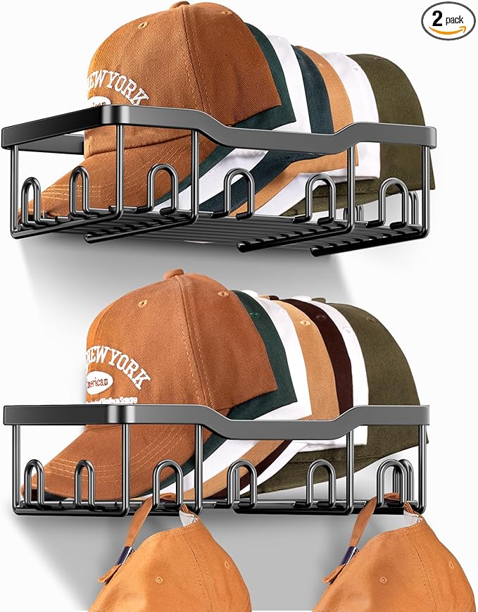 KEETDY Metal Hat Racks for Baseball Caps Wall Hat Organizer Fit 24 Caps Holder, 2 Packs Sturdy Wall Mounted Hat Storage Organ