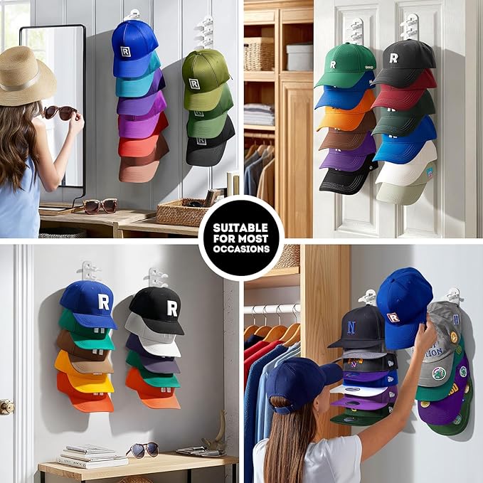 Hat Hook for Wall, 2 Pack Hat Organizer Hold up to 20 Hats,Hat Holder with Strong Adhesive and 8 Pack Screws, Cap Holder Hat 