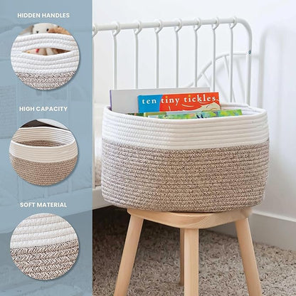 OrganiHaus Rope Baskets for Shelves - Set of 3 Woven Storage Baskets for Organizing, Closet & Toy Storage - Brown/Off-White -