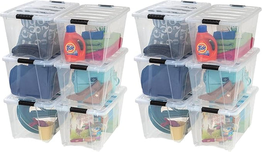IRIS USA 54 Qt Stackable Plastic Storage Bins with Lids, 12 Pack - BPA-Free, Made in USA - See-Through Organizing Solution, L